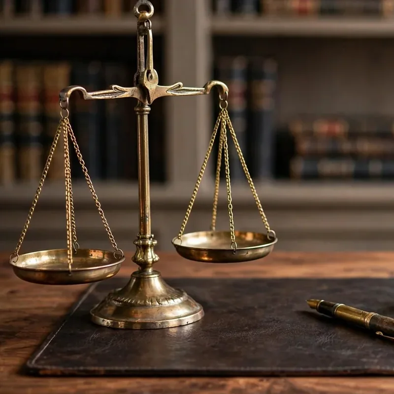 Balanza de la justicia con pluma y carpeta sobre un escritorio - Páginas Web para Abogados