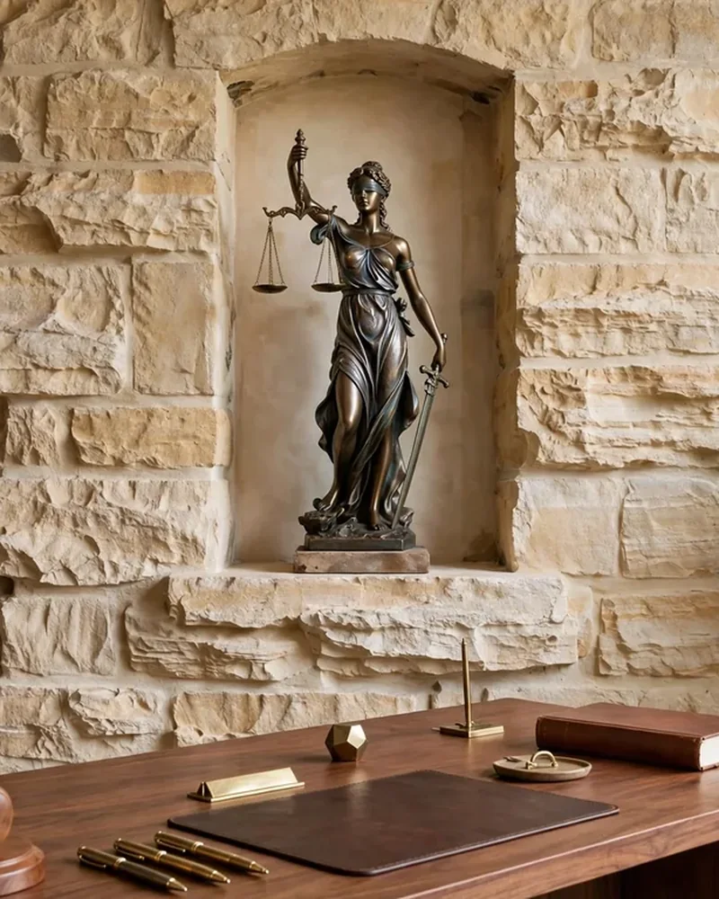 Estatua de la justicia en un despacho de madera y piedra - Páginas Web para Abogados