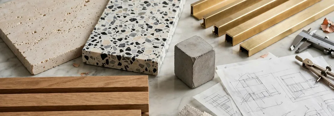 Muestras de travertino, terrazo, latón y madera junto a planos y un compás - Páginas Web para Arquitectos