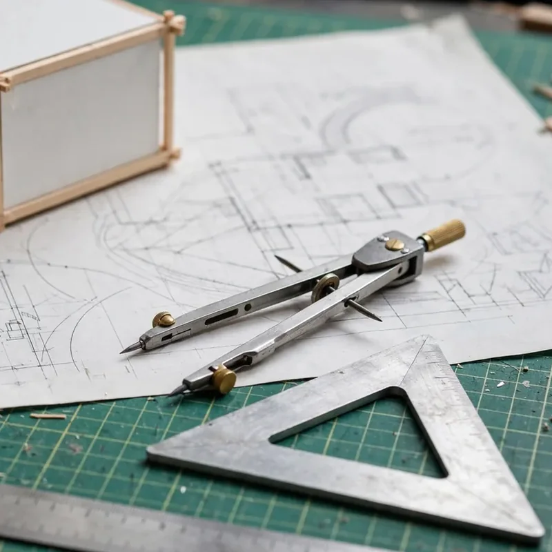 Maqueta de estructura de madera, compás y escuadra sobre planos y tapete de corte verde - Páginas Web para Arquitectos