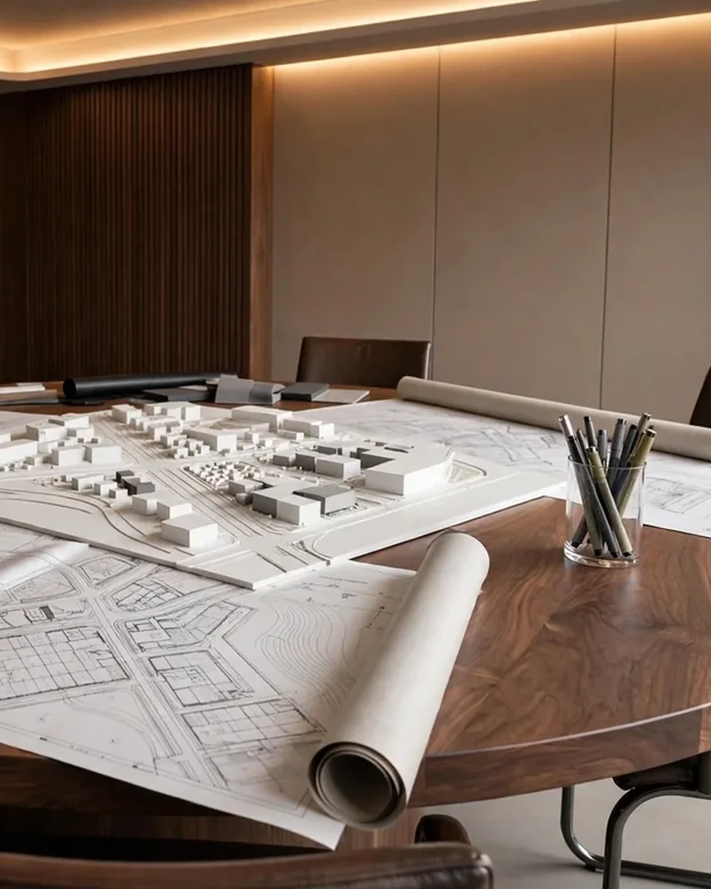 Mesa redonda de nogal con planos enrollados y maqueta urbana en una sala de juntas - Páginas Web para Arquitectos