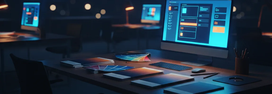 Escritorio de trabajo con bocetos y paleta de colores - Branding