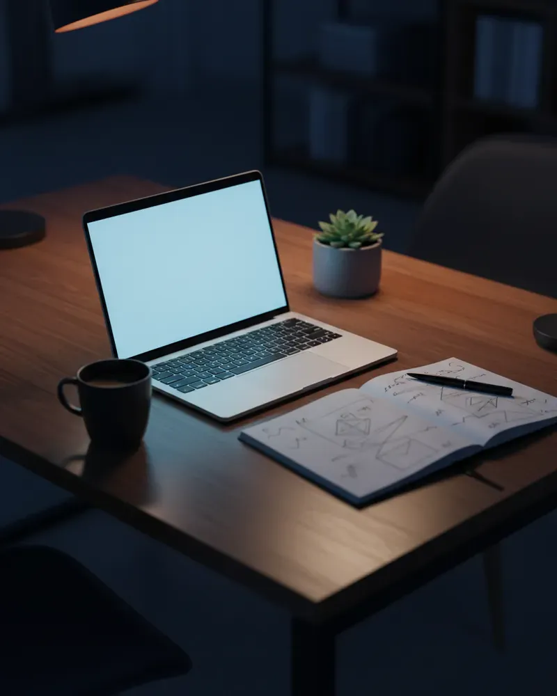 Escritorio de trabajo con laptop y notas para planear un proyecto digital