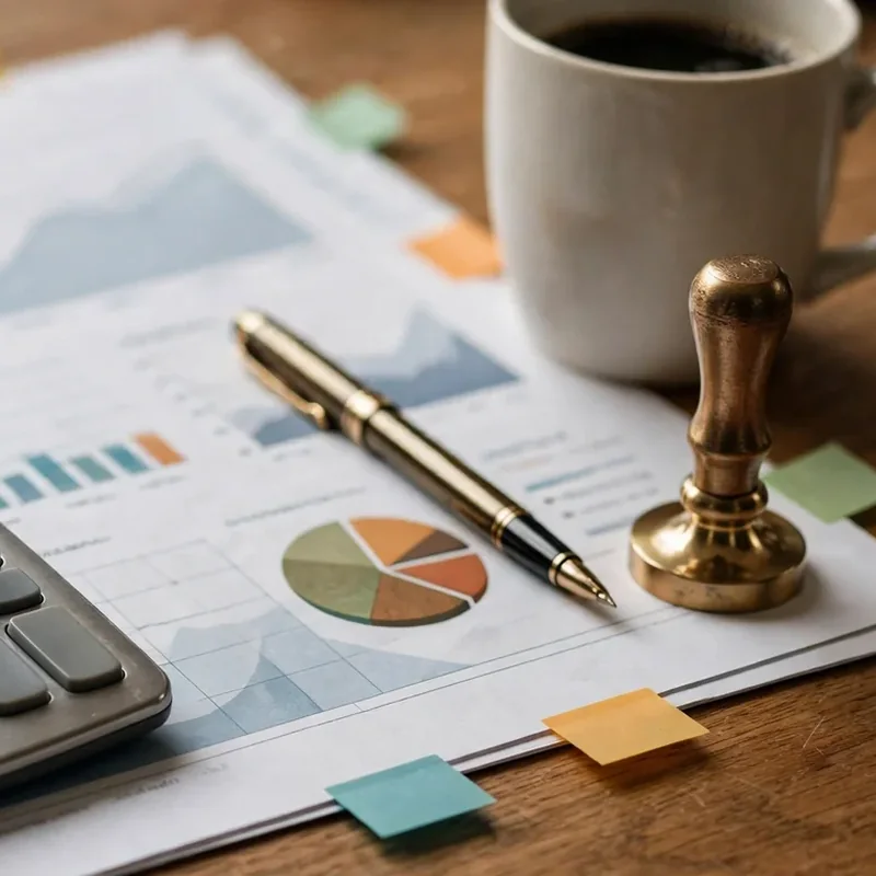 Calculadora, gráficas financieras, pluma y sello sobre documentos contables - Páginas Web para Contadores
