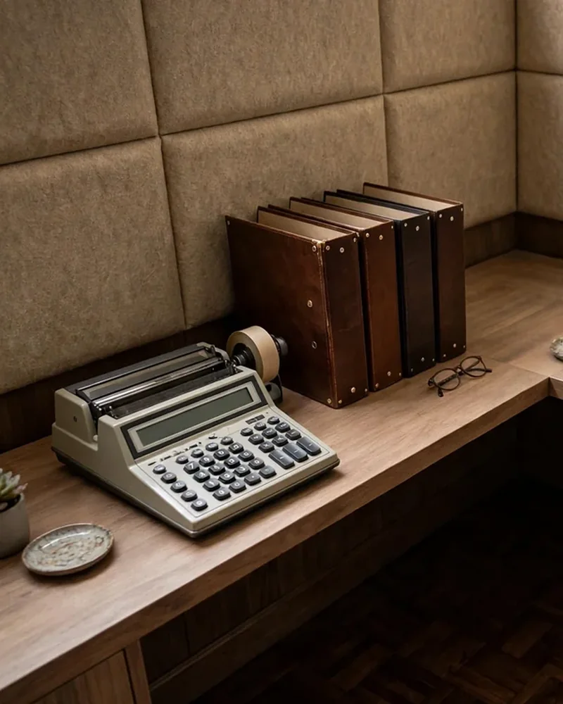 Escritorio con calculadora, carpetas de piel y lámpara en un despacho contable - Páginas Web para Contadores