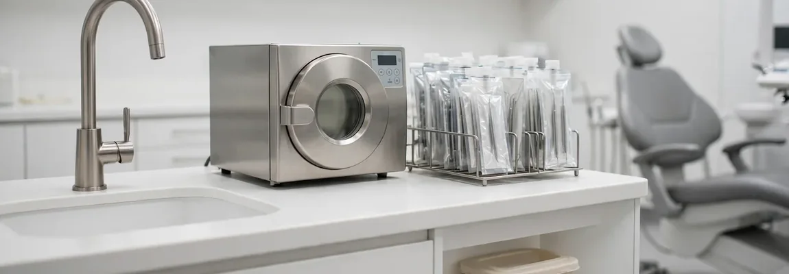 Esterilizador de acero y bolsas de instrumental junto al lavabo de un consultorio dental - Páginas Web para Dentistas