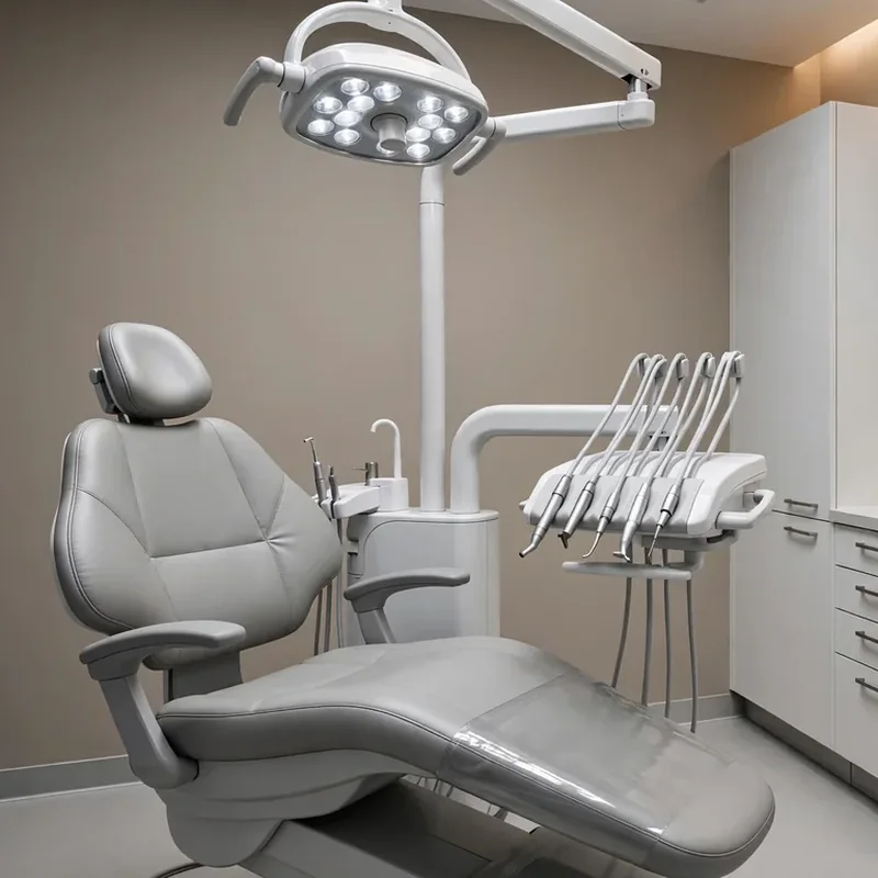 Sillón dental gris con lámpara y turbina en un consultorio moderno - Páginas Web para Dentistas