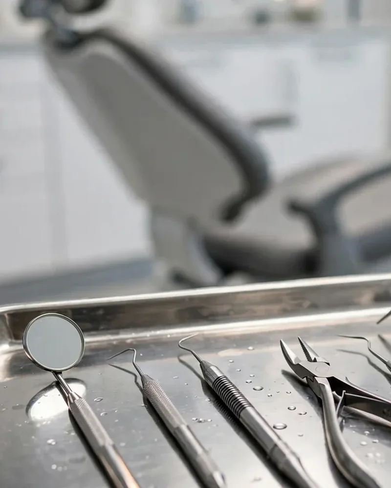 Instrumental dental de acero sobre una bandeja metálica con sillón al fondo - Páginas Web para Dentistas