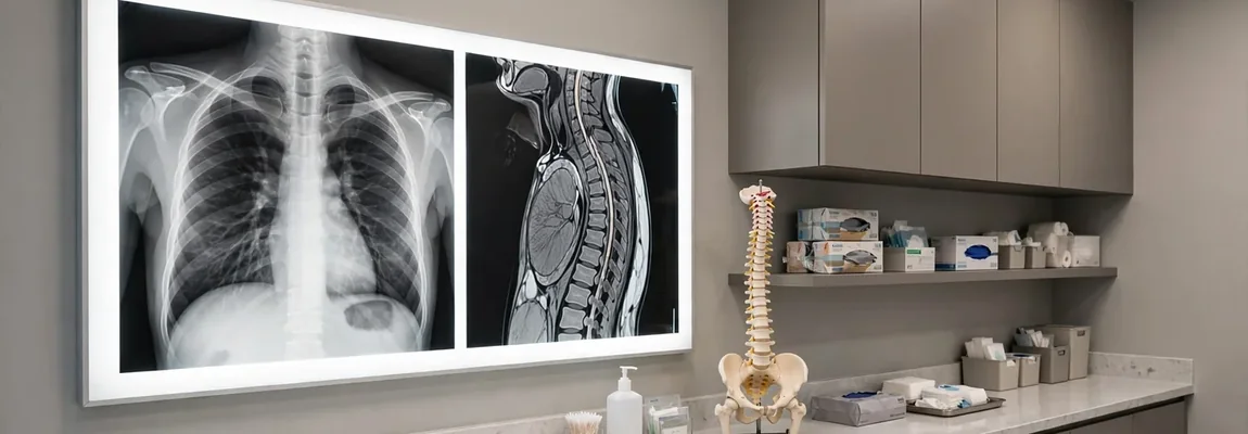 Pared con radiografías de tórax y columna, modelo anatómico y mueble con insumos médicos - Páginas Web para Médicos