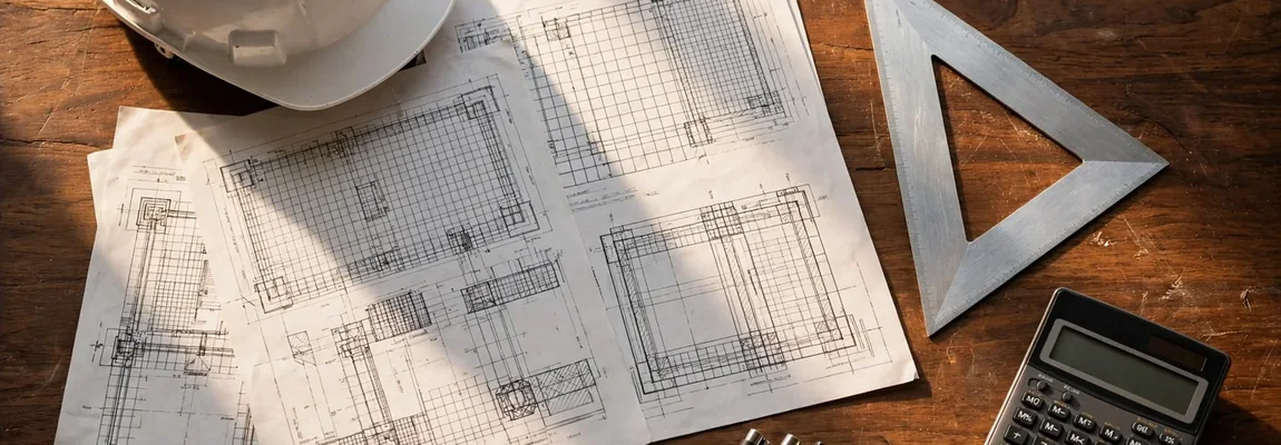 Planos de estructura, casco blanco, escuadra metálica y calculadora sobre una mesa de madera - Páginas Web para Ingenieros