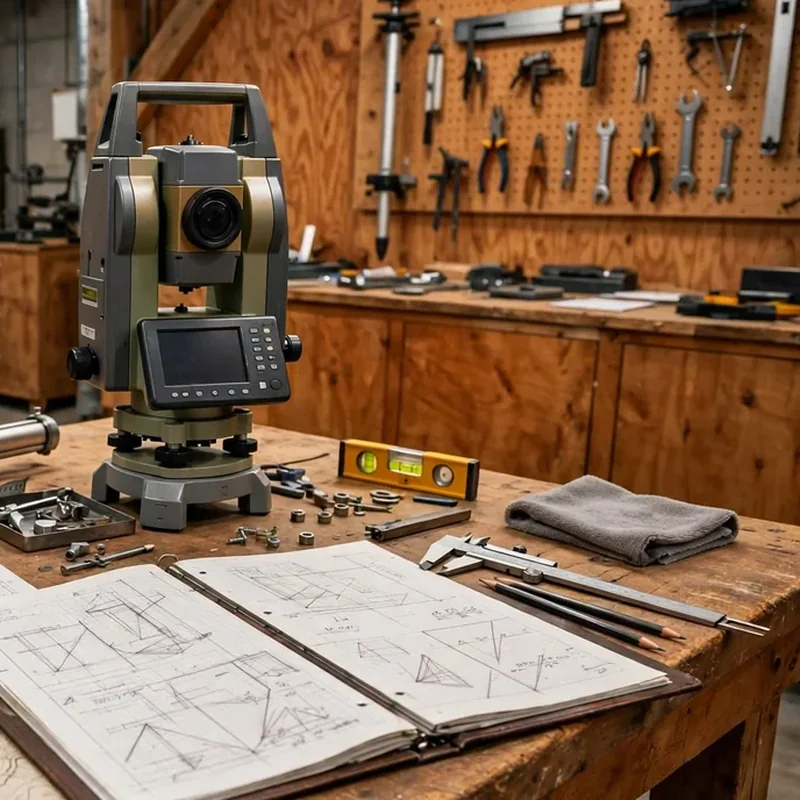 Taller con estación total, nivel, instrumentos de medición y planos topográficos sobre una mesa de madera - Páginas Web para Ingenieros