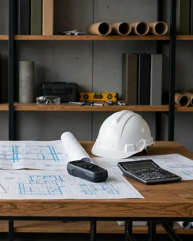 Escritorio de ingeniería con planos azules, casco blanco, calculadora y estantería metálica con lámpara - Páginas Web para Ingenieros