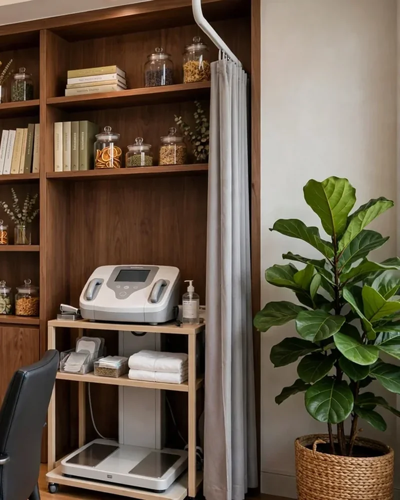 Consultorio de nutrición con librero de madera con frascos, plantas y equipo de bioimpedancia - Páginas Web para Nutriólogos