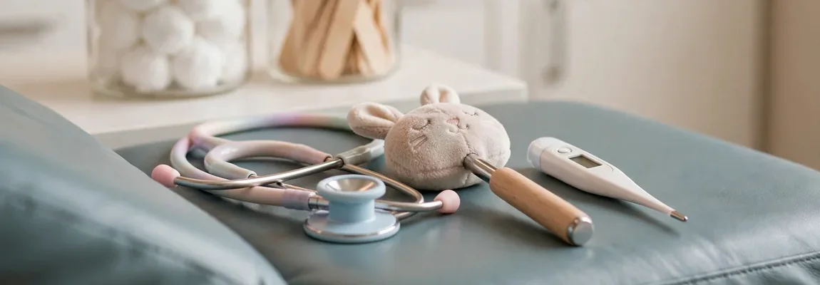 Estetoscopio pastel, conejo de peluche y termómetro sobre una camilla azul, con frascos de algodón y abatelenguas - Páginas Web para Pediatras