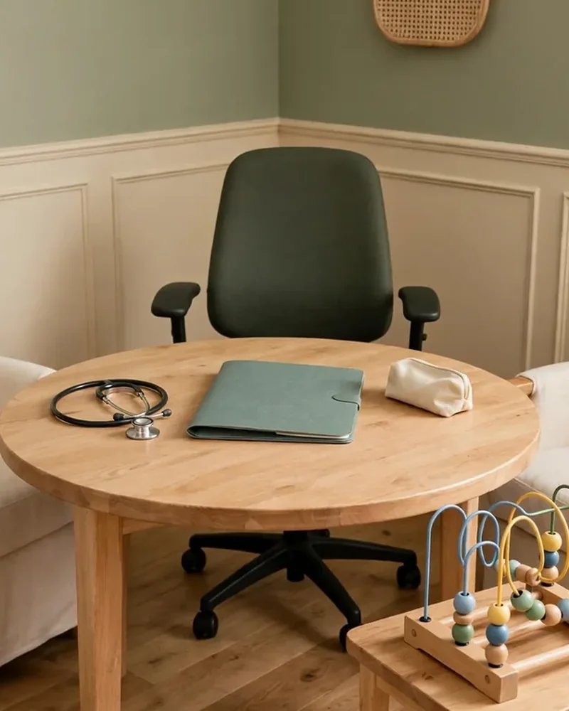 Rincón de juegos del consultorio con sillones, mesa redonda de madera y juguete de cuentas - Páginas Web para Pediatras