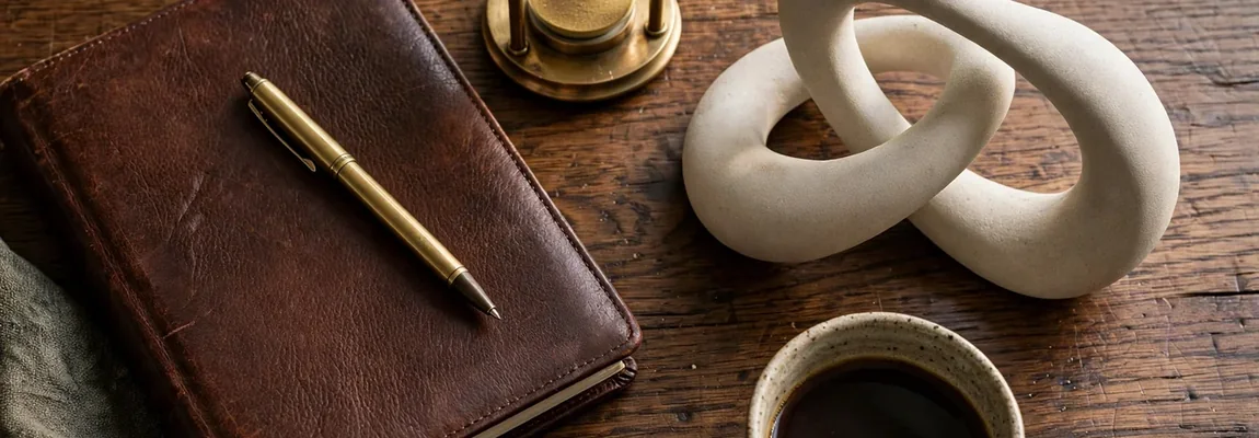 Cuaderno de piel con pluma dorada, reloj de arena, escultura de cerámica y taza de café sobre una mesa de madera - Páginas Web para Psicólogos