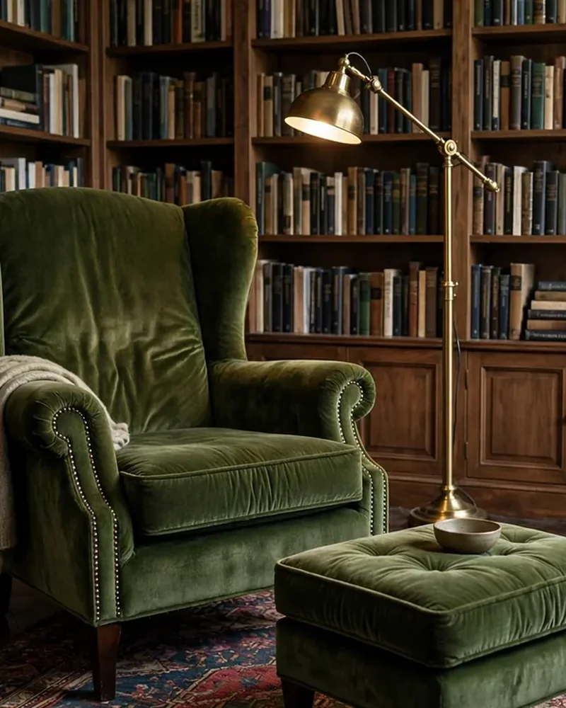 Sillón verde de terciopelo, otomán, lámpara de latón y librero de madera con una planta - Páginas Web para Psicólogos