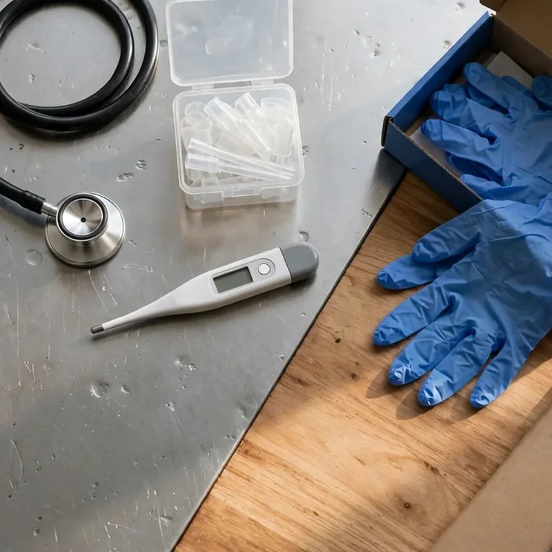 Estetoscopio, termómetro y guantes azules sobre una mesa de acero junto a una libreta con pluma - Páginas Web para Veterinarios