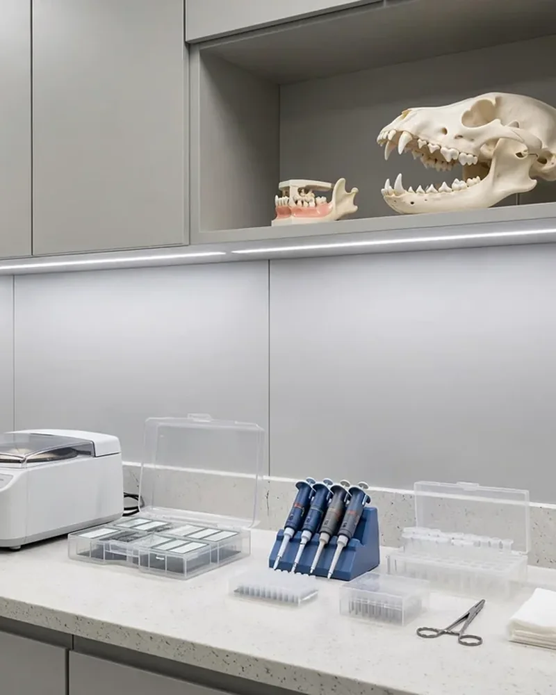 Laboratorio veterinario con microscopio, centrífuga, pipetas y modelo de cráneo canino en una repisa - Páginas Web para Veterinarios