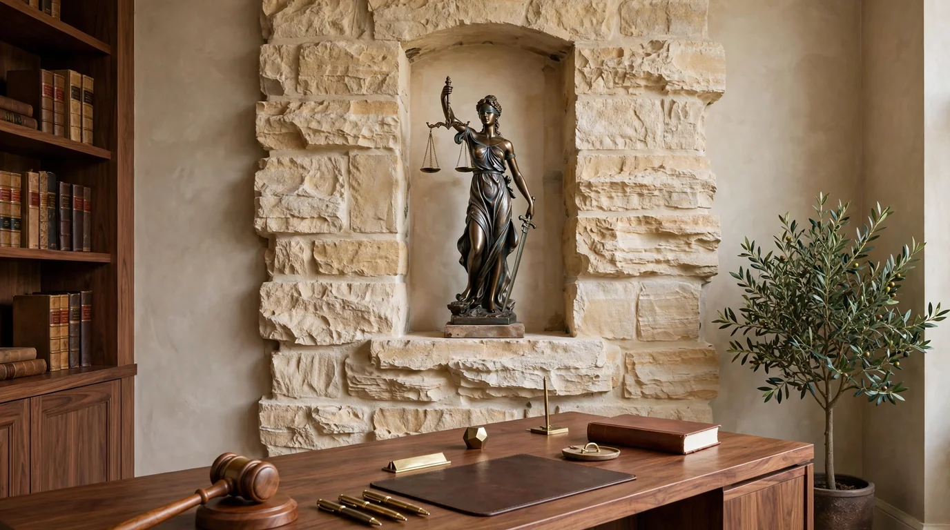 Estatua de la justicia en nicho de piedra
